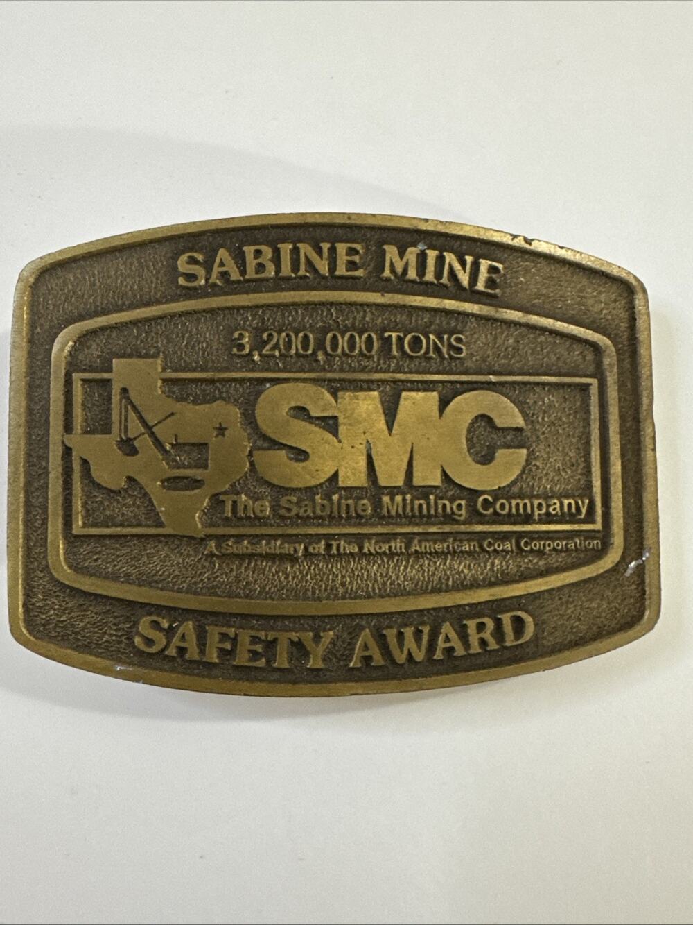 Vintage Sabine Mine Coal Mining Safety Award Belt Buckle SMC Texas Brass Tone